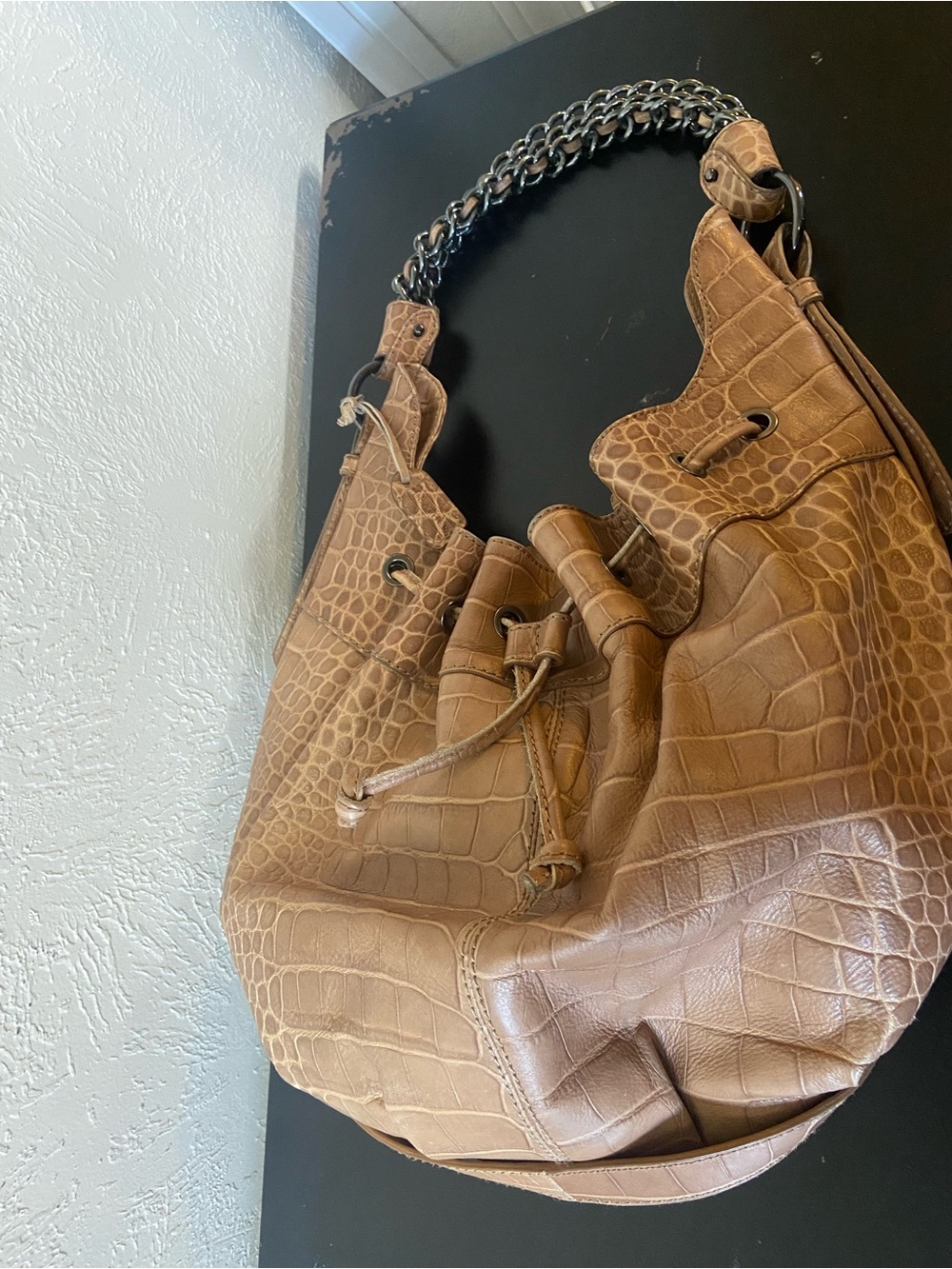 Zara Croc-Embossed Drawstring Hobo Bag in Brown with Chain Strap